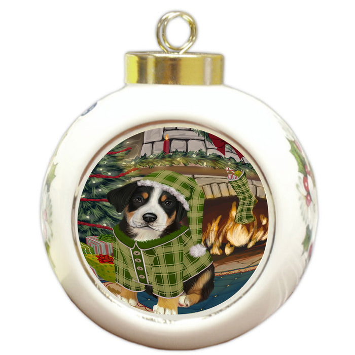 The Stocking was Hung Greater Swiss Mountain Dog Round Ball Christmas Ornament RBPOR55687