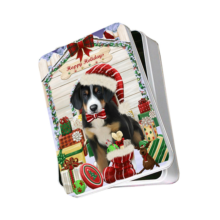 Happy Holidays Christmas Greater Swiss Mountain Dog With Presents Photo Storage Tin PITN52665