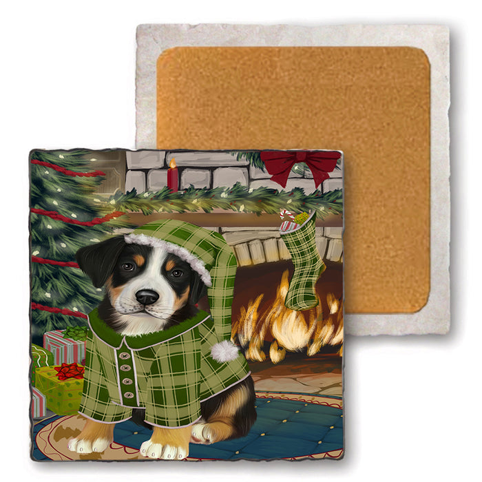 The Stocking was Hung Greater Swiss Mountain Dog Set of 4 Natural Stone Marble Tile Coasters MCST50331
