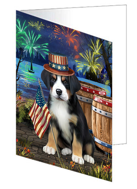 4th of July Independence Day Fireworks Greater Swiss Mountain Dog at the Lake Handmade Artwork Assorted Pets Greeting Cards and Note Cards with Envelopes for All Occasions and Holiday Seasons GCD57527