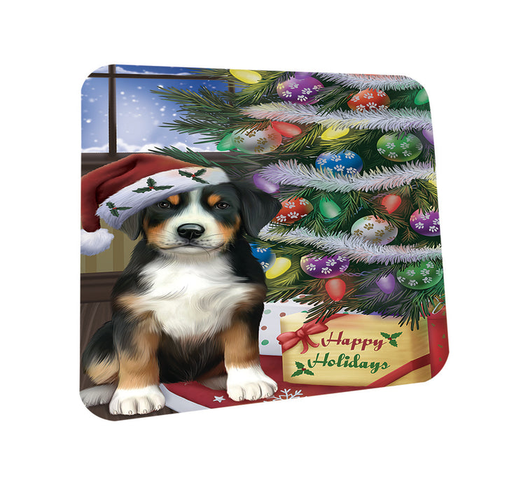 Christmas Happy Holidays Greater Swiss Mountain Dog with Tree and Presents Coasters Set of 4 CST53418