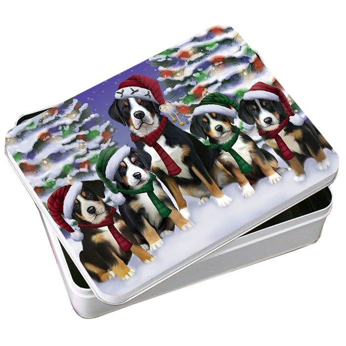 Greater Swiss Mountain Dogs Christmas Family Portrait in Holiday Scenic Background Photo Storage Tin PITN52714