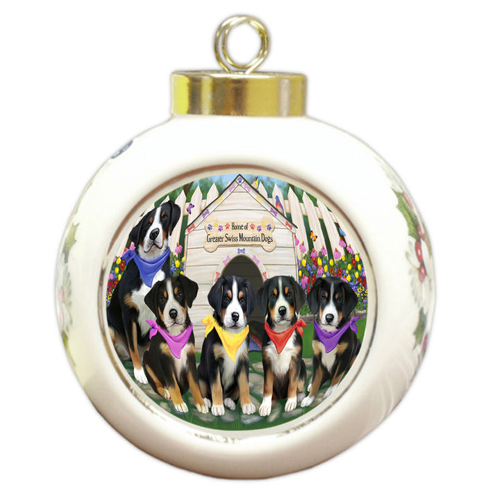 Spring Dog House Greater Swiss Mountain Dogs Round Ball Christmas Ornament RBPOR52208