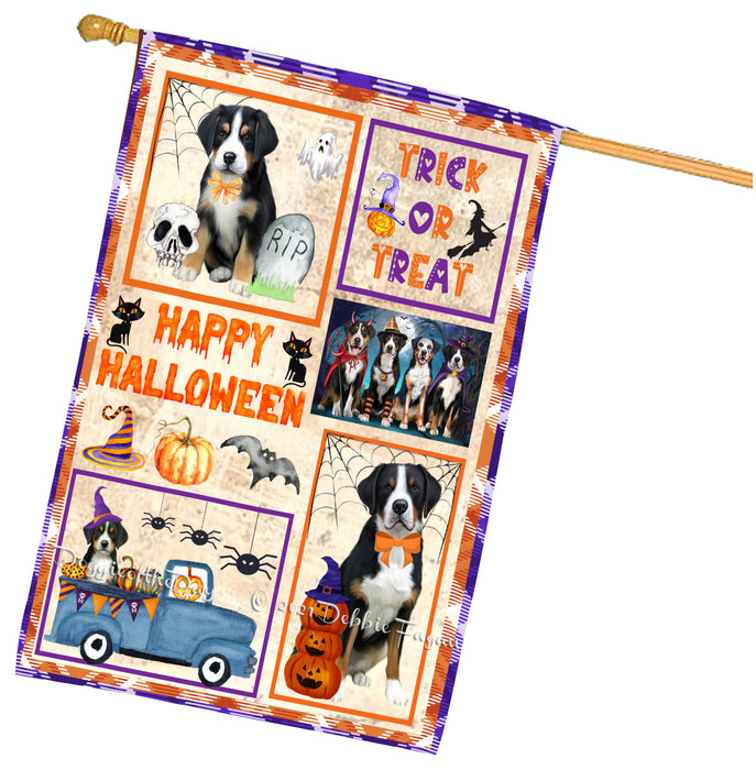 Happy Halloween Trick or Treat Greater Swiss Mountain Dogs House Flag Outdoor Decorative Double Sided Pet Portrait Weather Resistant Premium Quality Animal Printed Home Decorative Flags 100% Polyester