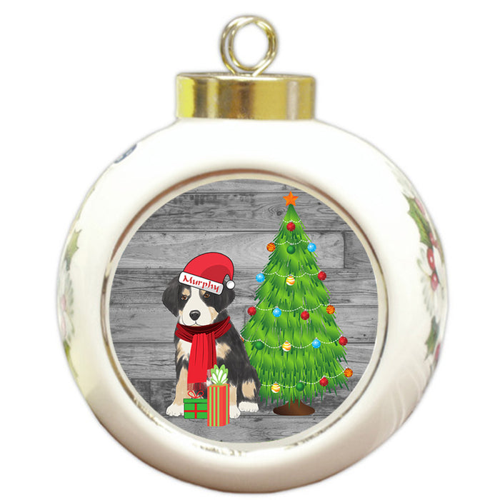 Custom Personalized Greater Swiss Mountain Dog With Tree and Presents Christmas Round Ball Ornament