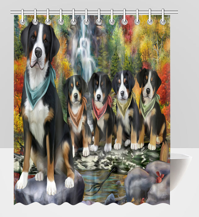 Scenic Waterfall Greater Swiss Mountain Dogs Shower Curtain