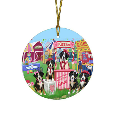 Carnival Kissing Booth Greater Swiss Mountain Dogs Round Flat Christmas Ornament RFPOR56194