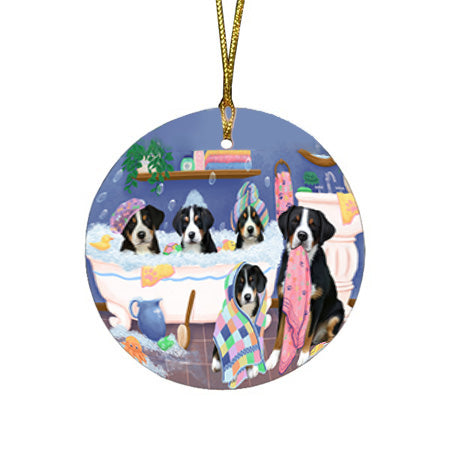 Rub A Dub Dogs In A Tub Greater Swiss Mountain Dogs Round Flat Christmas Ornament RFPOR57150