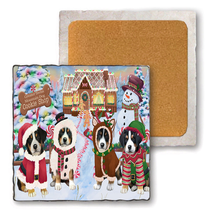 Holiday Gingerbread Cookie Shop Greater Swiss Mountain Dogs Set of 4 Natural Stone Marble Tile Coasters MCST51405