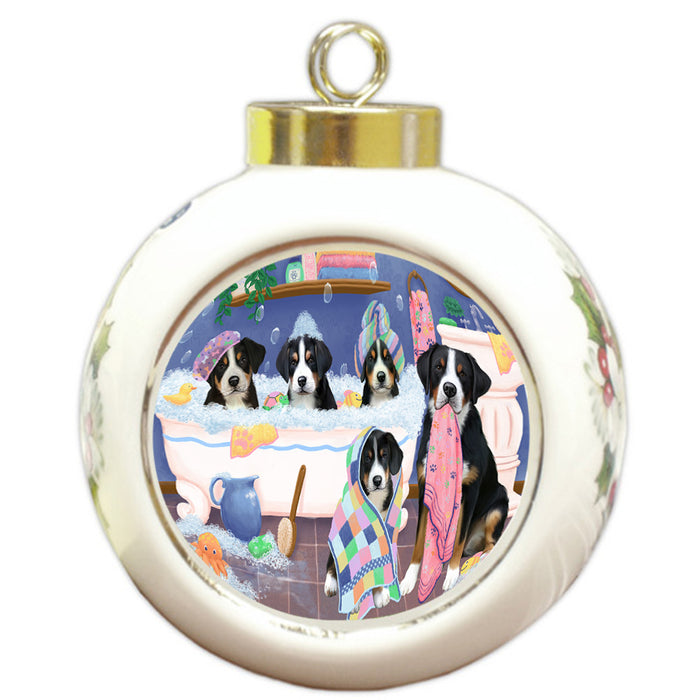 Rub A Dub Dogs In A Tub Greater Swiss Mountain Dogs Round Ball Christmas Ornament RBPOR57150