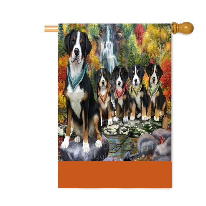 Personalized Scenic Waterfall Greater Swiss Mountain Dogs Custom House Flag FLG-DOTD-A60888