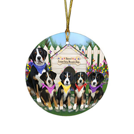 Spring Dog House Greater Swiss Mountain Dogs Round Flat Christmas Ornament RFPOR52199