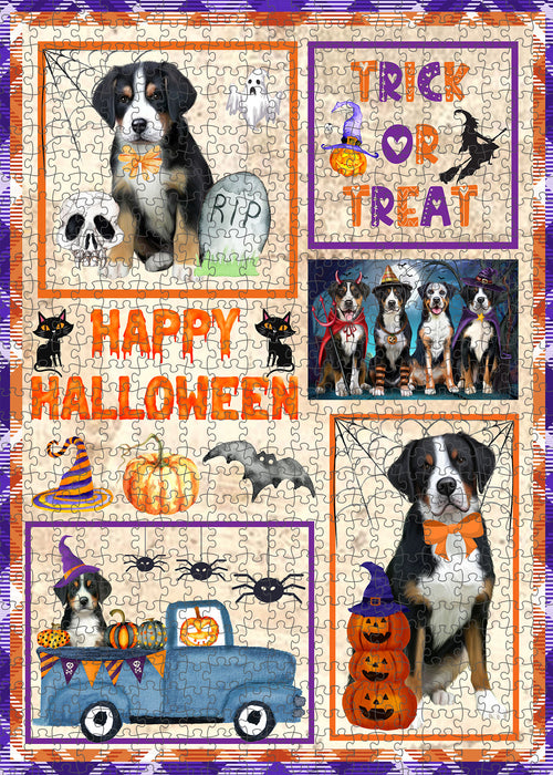 Happy Halloween Trick or Treat Greater Swiss Mountain Dogs Portrait Jigsaw Puzzle for Adults Animal Interlocking Puzzle Game Unique Gift for Dog Lover's with Metal Tin Box