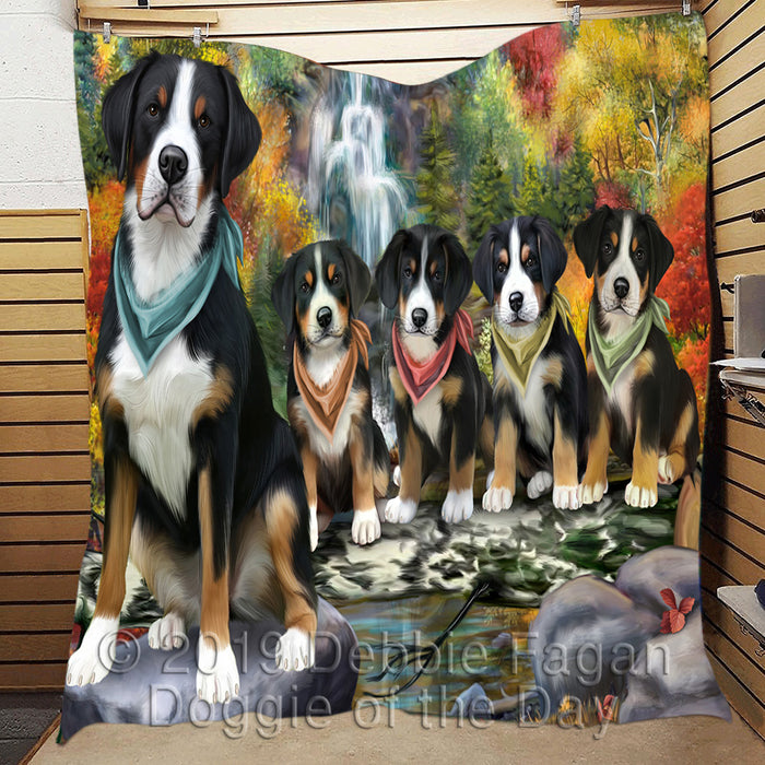 Scenic Waterfall Greater Swiss Mountain Dogs Quilt