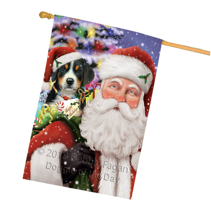 Santa Carrying Greater Swiss Mountain Dog and Christmas Presents House Flag FLG53889