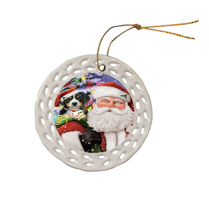 Santa Carrying Greater Swiss Mountain Dog and Christmas Presents Ceramic Doily Ornament DPOR53691