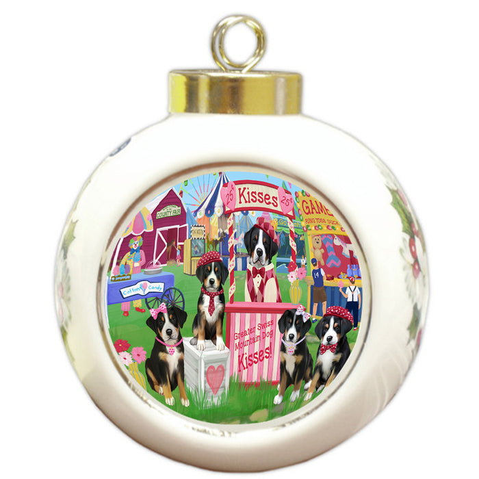 Carnival Kissing Booth Greater Swiss Mountain Dogs Round Ball Christmas Ornament RBPOR56194