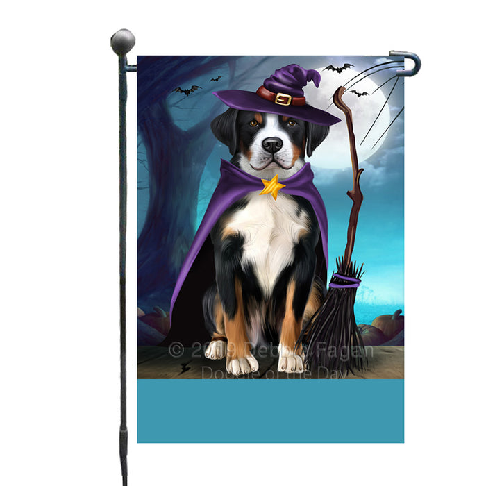 Personalized Happy Halloween Trick or Treat Greater Swiss Mountain Dog Witch Custom Garden Flag GFLG64571