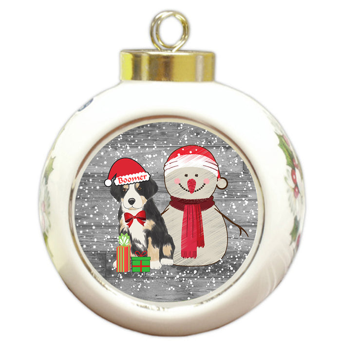Custom Personalized Snowy Snowman and Greater Swiss Mountain Dog Christmas Round Ball Ornament