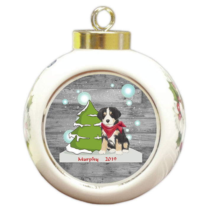 Custom Personalized Winter Scenic Tree and Presents Greater Swiss Mountain Dog Christmas Round Ball Ornament