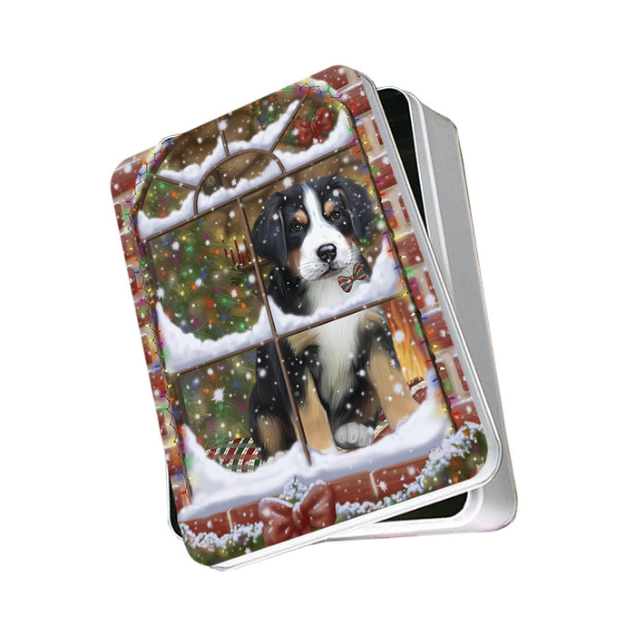 Please Come Home For Christmas Greater Swiss Mountain Dog Sitting In Window Photo Storage Tin PITN57548