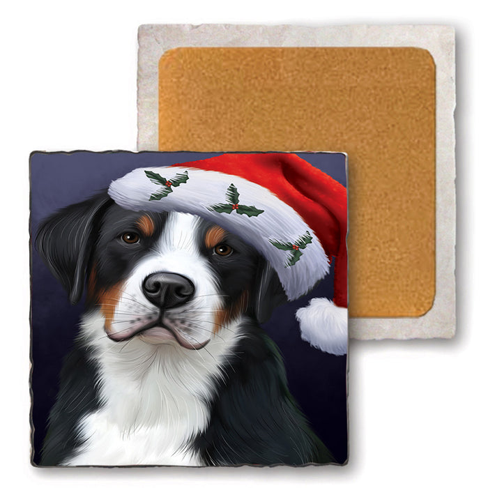 Christmas Holidays Greater Swiss Mountain Dog Wearing Santa Hat Portrait Head Set of 4 Natural Stone Marble Tile Coasters MCST48498