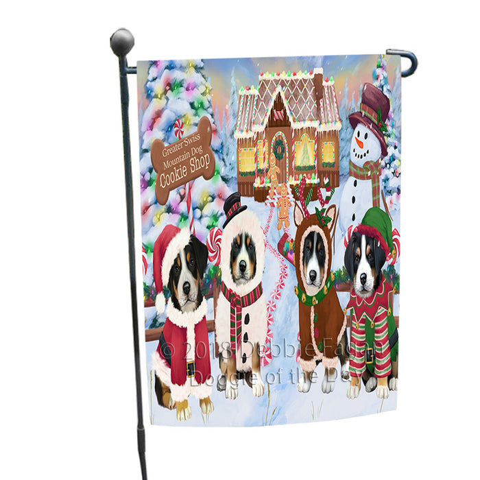 Holiday Gingerbread Cookie Shop Greater Swiss Mountain Dogs Garden Flag GFLG56953