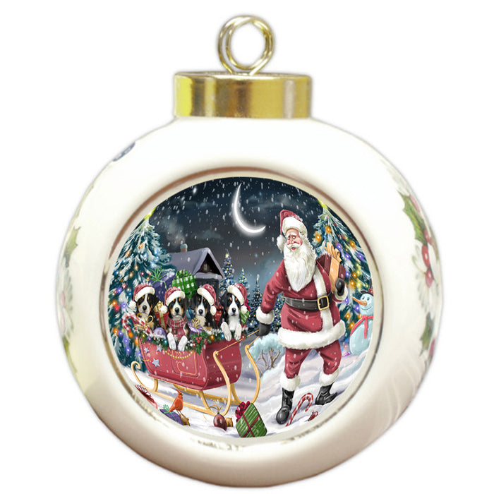 Santa Sled Dogs Christmas Happy Holidays Greater Swiss Mountain Dogs Round Ball Christmas Ornament RBPOR51720