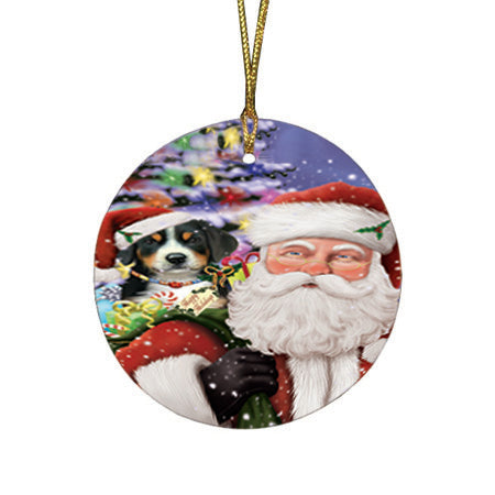 Santa Carrying Greater Swiss Mountain Dog and Christmas Presents Round Flat Christmas Ornament RFPOR53682