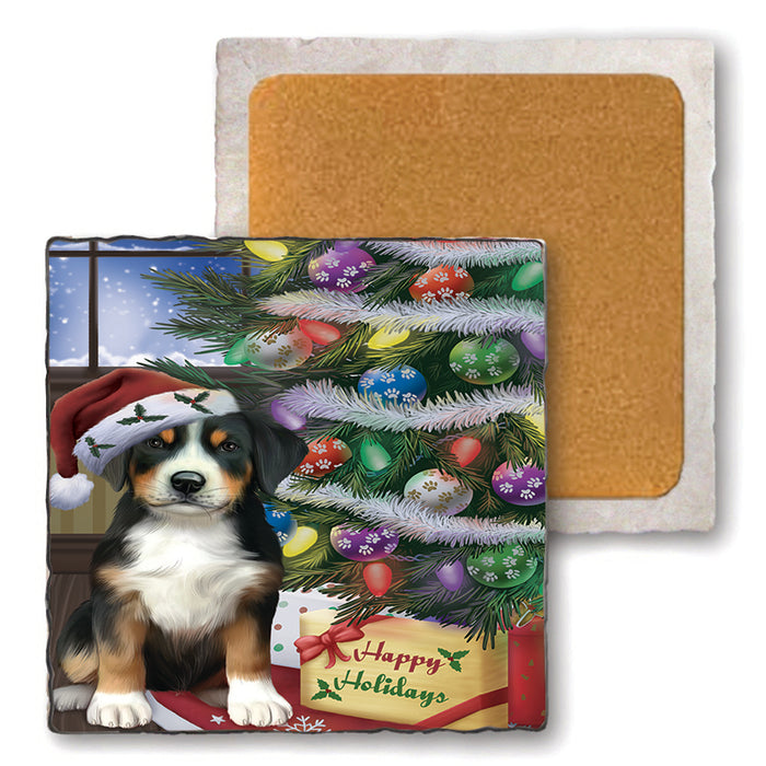 Christmas Happy Holidays Greater Swiss Mountain Dog with Tree and Presents Set of 4 Natural Stone Marble Tile Coasters MCST48460