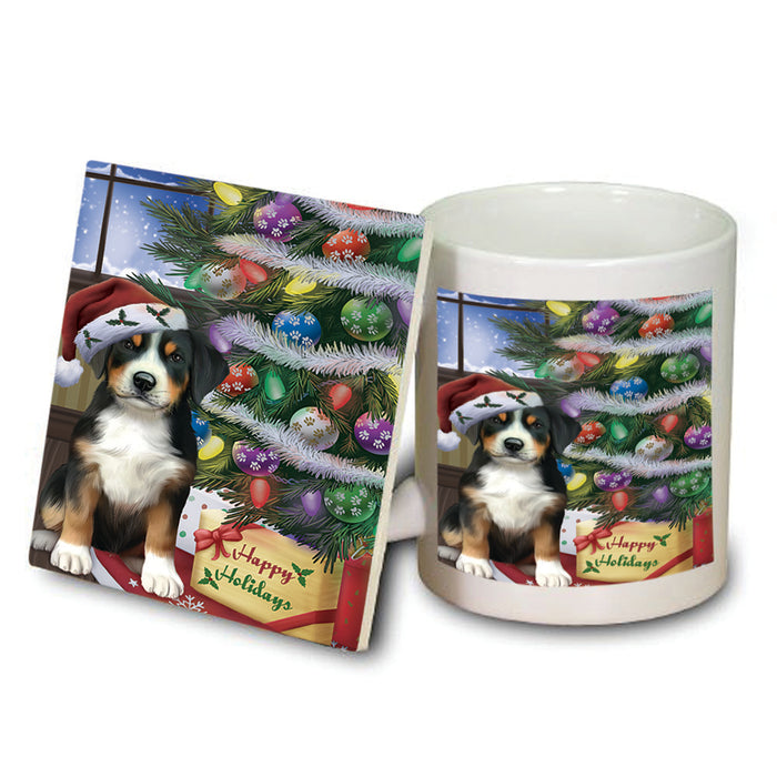 Christmas Happy Holidays Greater Swiss Mountain Dog with Tree and Presents Mug and Coaster Set MUC53452
