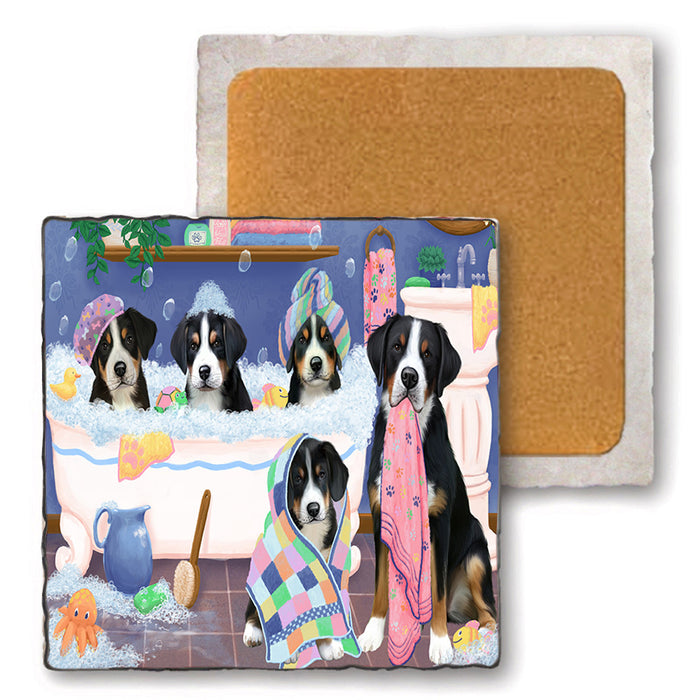 Rub A Dub Dogs In A Tub Greater Swiss Mountain Dogs Set of 4 Natural Stone Marble Tile Coasters MCST51794