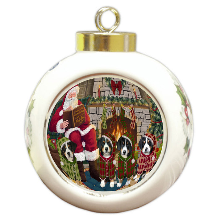 Christmas Cozy Holiday Tails Greater Swiss Mountain Dogs Round Ball Christmas Ornament RBPOR55485
