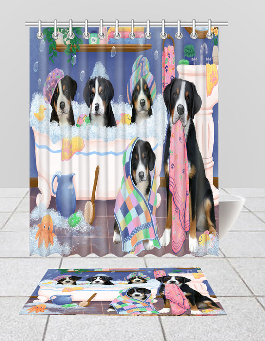 Rub A Dub Dogs In A Tub Greater Swiss Mountain Dogs Bath Mat and Shower Curtain Combo