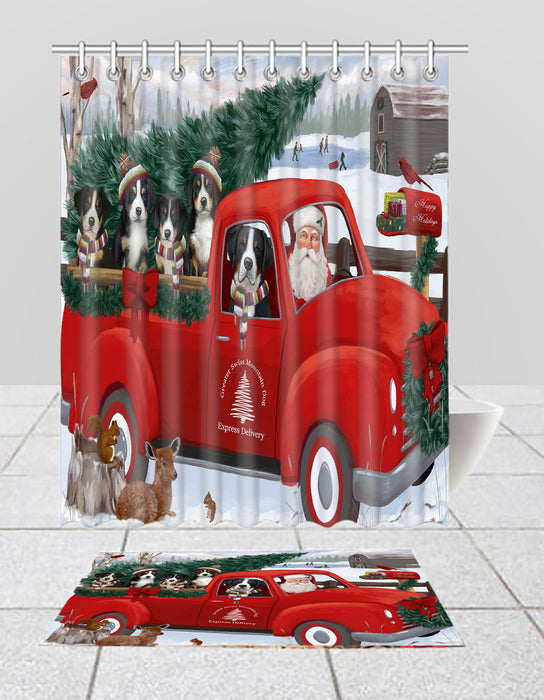 Christmas Santa Express Delivery Red Truck Greater Swiss Mountain Dogs Bath Mat and Shower Curtain Combo