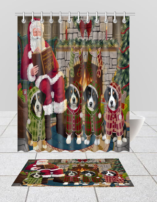 Christmas Cozy Holiday Fire Tails Greater Swiss Mountain Dogs Bath Mat and Shower Curtain Combo