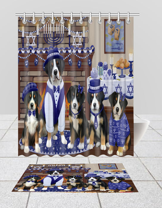 Happy Hanukkah Family Greater Swiss Mountain Dogs Bath Mat and Shower Curtain Combo