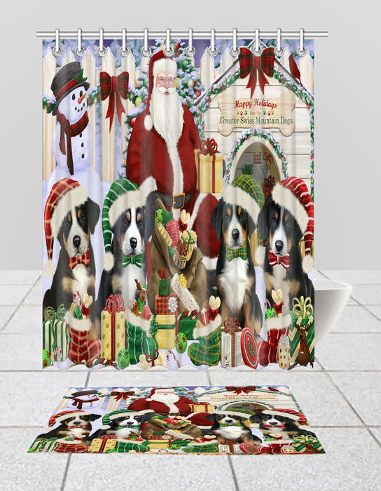 Happy Holidays Christmas Greater Swiss Mountain Dogs House Gathering Bath Mat and Shower Curtain Combo