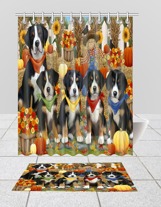 Fall Festive Harvest Time Gathering Greater Swiss Mountain Dogs Bath Mat and Shower Curtain Combo