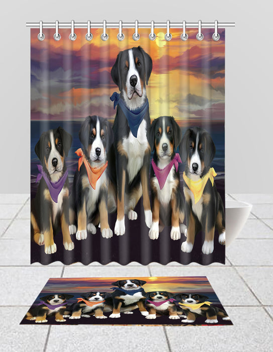 Family Sunset Portrait Greater Swiss Mountain Dogs Bath Mat and Shower Curtain Combo