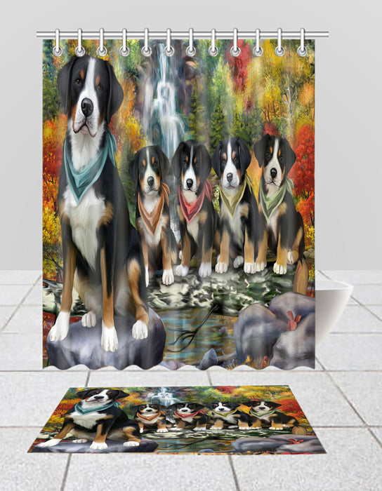 Scenic Waterfall Greater Swiss Mountain Dogs Bath Mat and Shower Curtain Combo