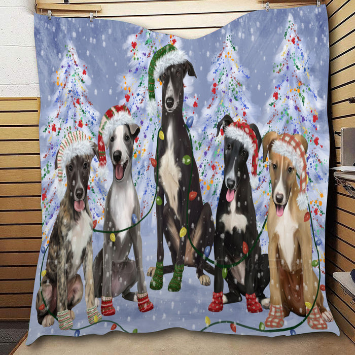 Christmas Lights and Greyhound Dogs  Quilt Bed Coverlet Bedspread - Pets Comforter Unique One-side Animal Printing - Soft Lightweight Durable Washable Polyester Quilt