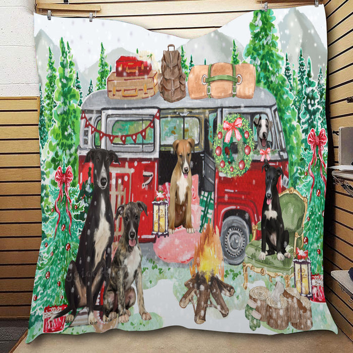 Christmas Time Camping with Greyhound Dogs  Quilt Bed Coverlet Bedspread - Pets Comforter Unique One-side Animal Printing - Soft Lightweight Durable Washable Polyester Quilt
