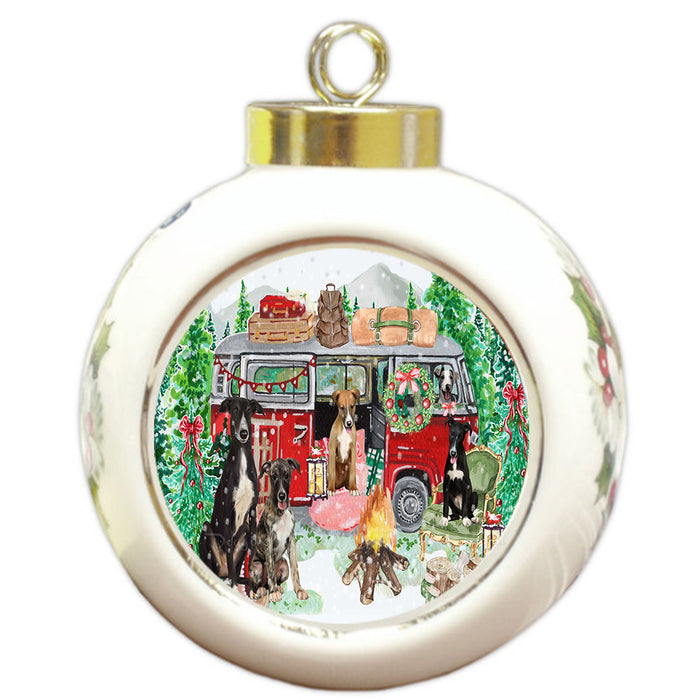 Christmas Time Camping with Greyhound Dogs Round Ball Christmas Ornament Pet Decorative Hanging Ornaments for Christmas X-mas Tree Decorations - 3" Round Ceramic Ornament
