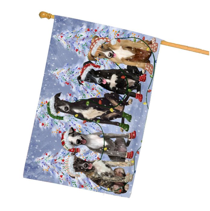 Christmas Lights and Greyhound Dogs House Flag Outdoor Decorative Double Sided Pet Portrait Weather Resistant Premium Quality Animal Printed Home Decorative Flags 100% Polyester