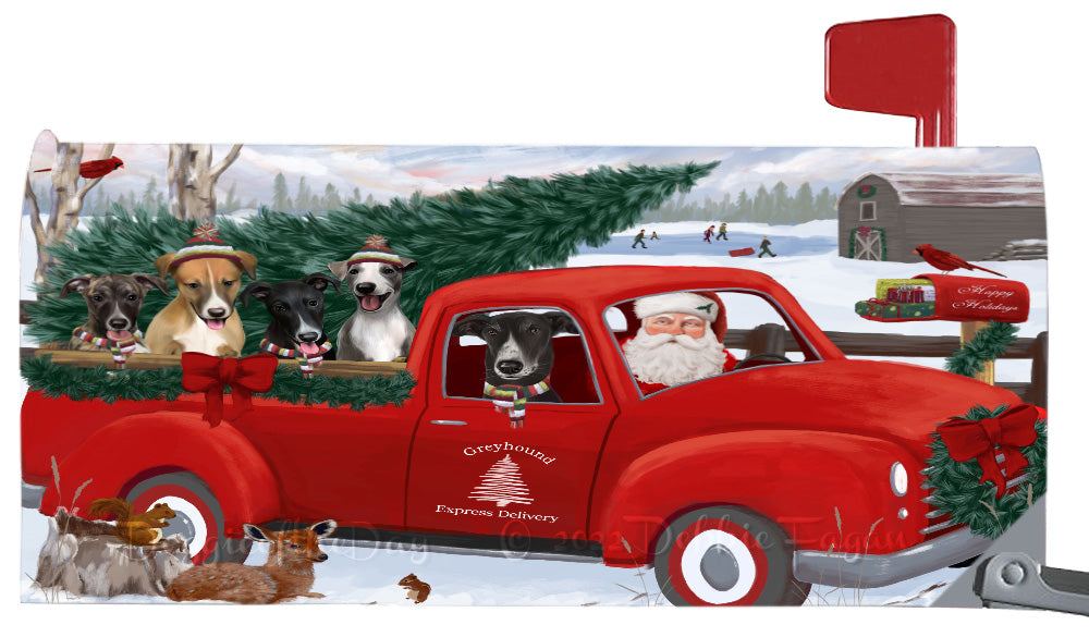 Christmas Santa Express Delivery Red Truck Greyhound Dogs Magnetic Mailbox Cover Both Sides Pet Theme Printed Decorative Letter Box Wrap Case Postbox Thick Magnetic Vinyl Material
