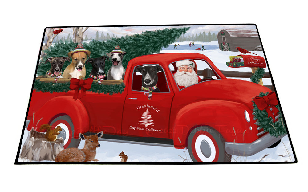 Christmas Santa Express Delivery Red Truck Greyhound Dogs Floor Mat- Anti-Slip Pet Door Mat Indoor Outdoor Front Rug Mats for Home Outside Entrance Pets Portrait Unique Rug Washable Premium Quality Mat