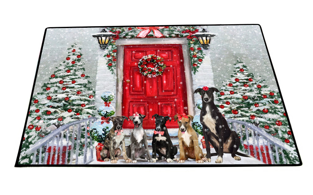 Christmas Holiday Welcome Greyhound Dogs Floor Mat- Anti-Slip Pet Door Mat Indoor Outdoor Front Rug Mats for Home Outside Entrance Pets Portrait Unique Rug Washable Premium Quality Mat