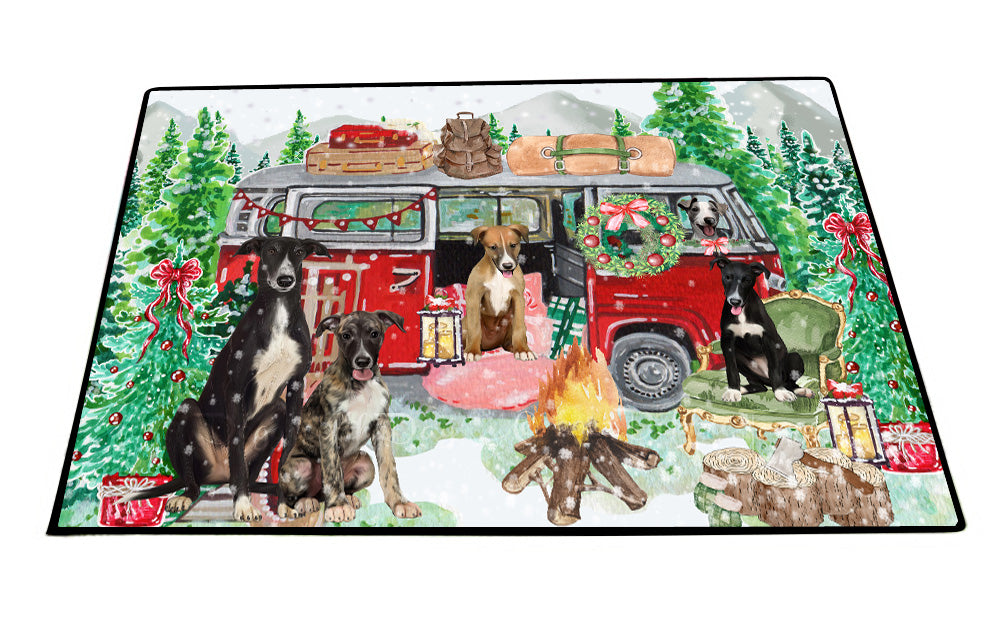 Christmas Time Camping with Greyhound Dogs Floor Mat- Anti-Slip Pet Door Mat Indoor Outdoor Front Rug Mats for Home Outside Entrance Pets Portrait Unique Rug Washable Premium Quality Mat