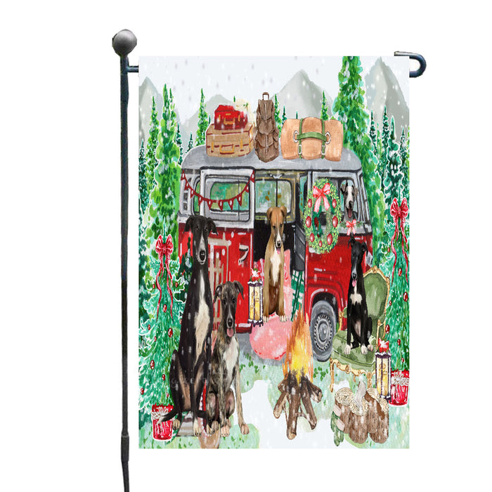 Christmas Time Camping with Greyhound Dogs Garden Flags- Outdoor Double Sided Garden Yard Porch Lawn Spring Decorative Vertical Home Flags 12 1/2"w x 18"h